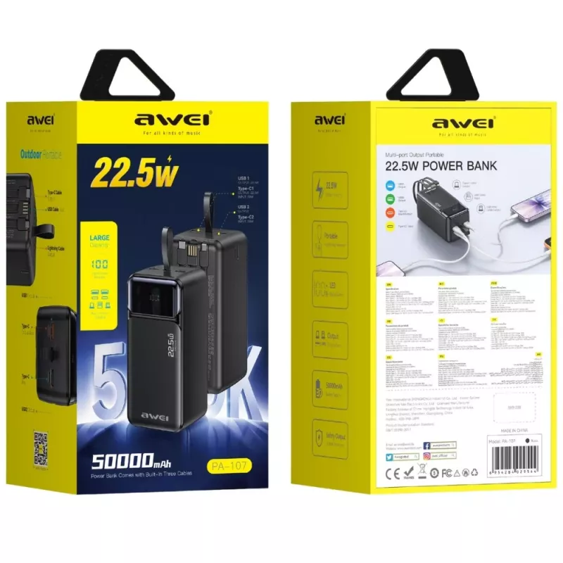 Power bank AWEI PA-107 50000mAh 22.5W PD 3xUSB preto