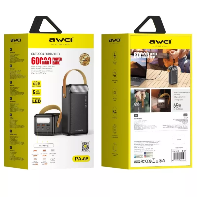Power bank AWEI PA-82 60000mAh 65W PD 2xUSB-A/USB-C preto
