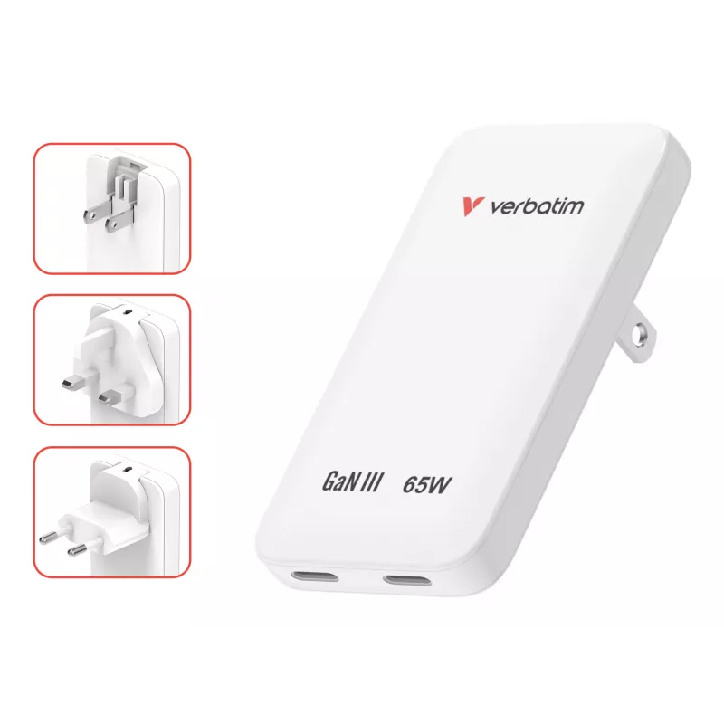 Verbatim Carregador Slim GaN 2 Portas 65W (EU/UK/US) branco