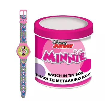PULIO Relógio Analógico em Lata - Disney Minnie Mouse, Pulseira de Pele PU Rosa, Movimento de Quartzo, Caixa de Metal de 30mm, Resistente a Salpicos, Menina a partir de 6 Anos