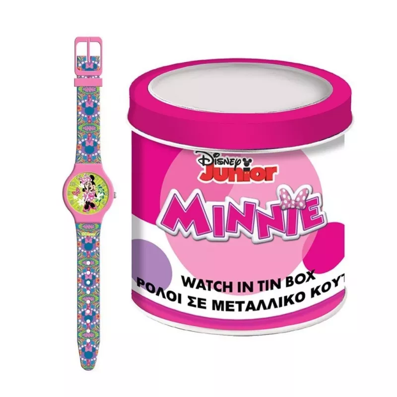 PULIO Relógio Analógico em Lata - Disney Minnie Mouse, Pulseira de Pele PU Rosa, Movimento de Quartzo, Caixa de Metal de 30mm, Resistente a Salpicos, Menina a partir de 6 Anos
