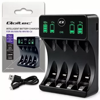 Carregador de pilhas NiMH Qoltec 50968 para AA/AAA com LCD e cabo USB-C, preto