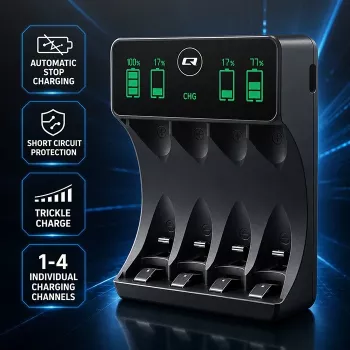 Carregador de pilhas NiMH Qoltec 50968 para AA/AAA com LCD e cabo USB-C, preto