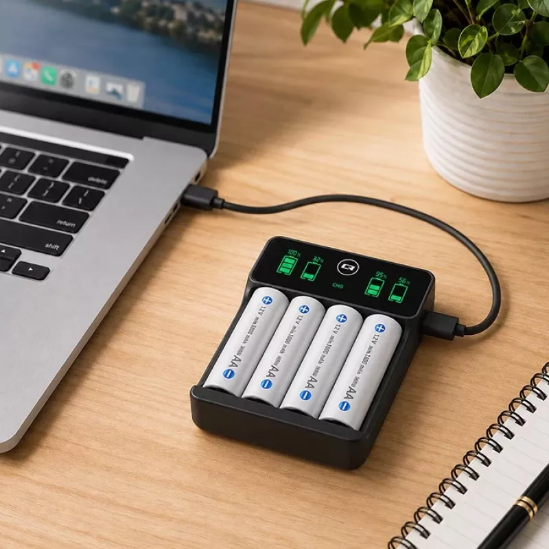 Qoltec 50968 carregador de pilhas NiMH para AA/AAA com LCD e cabo USB-C, preto