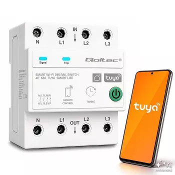 Relé Wi-Fi inteligente trifásico Qoltec 50976 63A, calha DIN, 3P+N, temporizador, Tuya