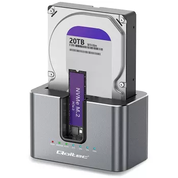 Estação de acoplamento 2in1 HDD SSD Qoltec SATA M.2 NVMe com função de clonagem, USB-C 3.2 Gen 2, 10Gbps, até 28TB, alumínio