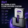 Estação de acoplamento 2in1 HDD SSD Qoltec SATA M.2 NVMe com função de clonagem, USB-C 3.2 Gen 2, 10Gbps, até 28TB, alumínio