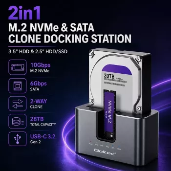 Estação de acoplamento 2in1 HDD SSD Qoltec SATA M.2 NVMe com função de clonagem, USB-C 3.2 Gen 2, 10Gbps, até 28TB, alumínio