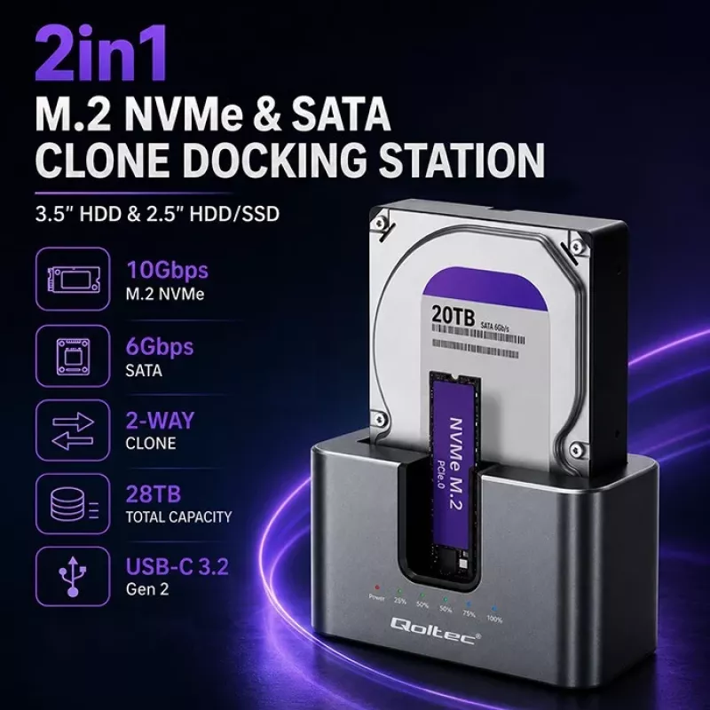 Estação de acoplamento 2in1 HDD SSD Qoltec SATA M.2 NVMe com função de clonagem, USB-C 3.2 Gen 2, 10Gbps, até 28TB, alumínio