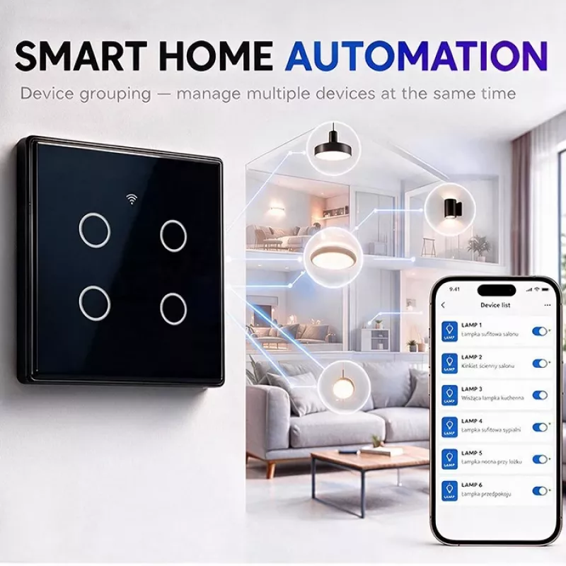 Interruptor de luz Smart Touch Qoltec 4 canais Wi-Fi temporizador Tuya | vidro temperado | branco