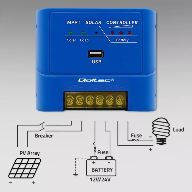 Controlador de carga solar QOLTEC MPPT 15A 12V/24V para LiFePO4, Gel, AGM, Flooded, Sealed Lead-Acid com LCD e RS485