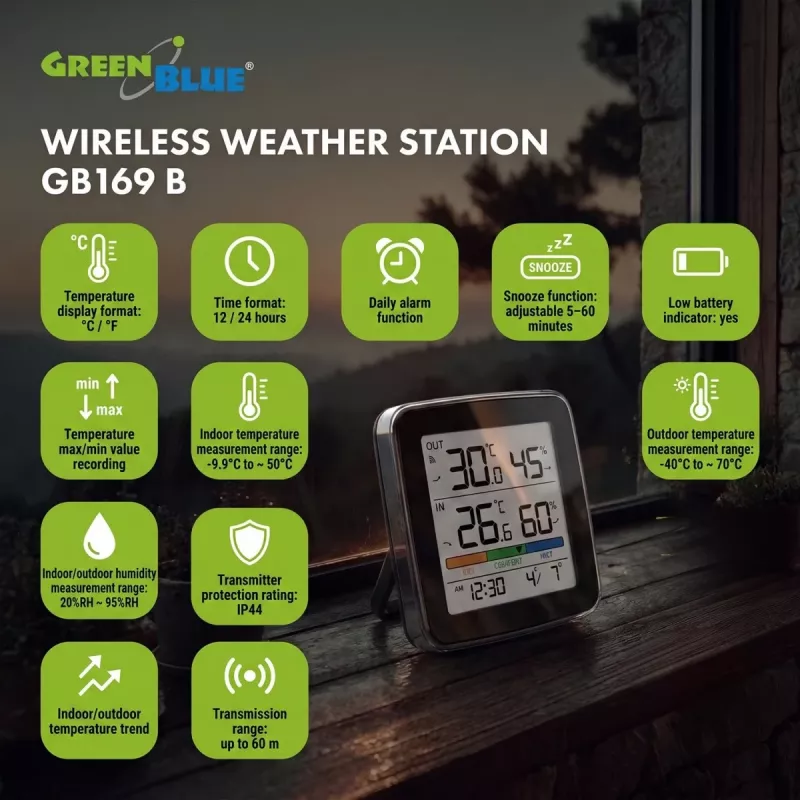 GREENBLUE GB169 B Estação meteorológica sem fios com ecrã a cores e sensor exterior