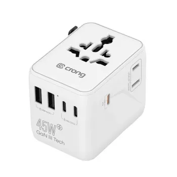 Crong One World Adaptador de Viagem GaN 45W UK/EU/US/AU Branco
