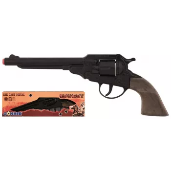 Pistola de fulminantes PULIO Cowboy Revolver Metal 8 tiros - Preto/Prata com punhos castanhos