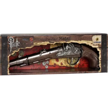 Pistola de brincar PULIO Gonher Pistola Pirata de Metal, Metal fundido e plástico, 8 tiros com cápsulas de anel, Preto/Cinzento com punho castanho, a partir dos 8 anos