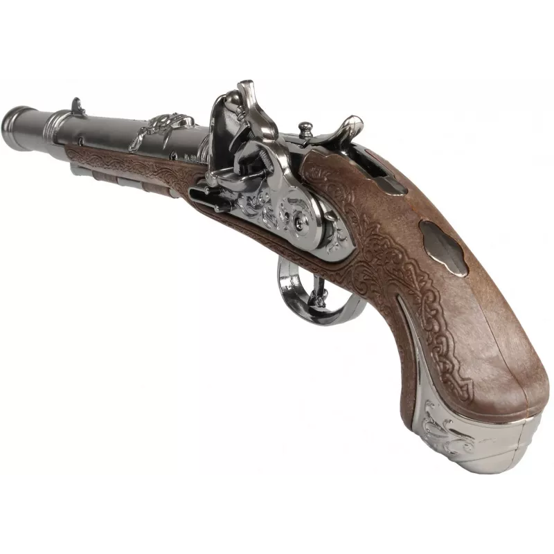 Pistola de brincar PULIO Gonher Pistola Pirata de Metal, Metal fundido e plástico, 8 tiros com cápsulas de anel, Preto/Cinzento com punho castanho, a partir dos 8 anos