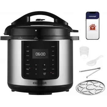 Panela elétrica multifunções CONCEPT CK8001, 5L, 900W, 10 programas, LED, panela cerâmica antiaderente, início diferido, função manter quente, Preto/Prateado