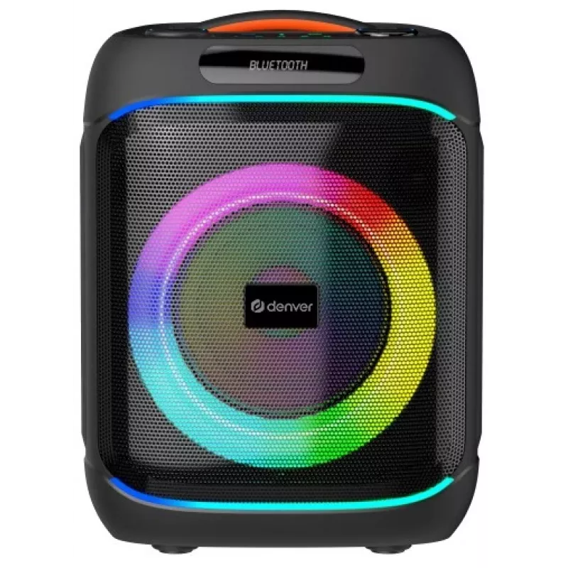 Denver BPS-270 Altifalante de festa portátil com Bluetooth, 400W PMPO, efeitos de luz LED, karaoke, rádio FM, USB/SD/AUX, entrada de microfone, Preto