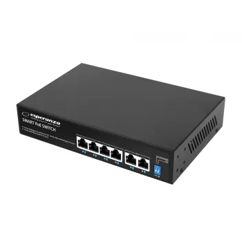 Switch Gigabit PoE+ Esperanza 6 portas 65W GOLIATH (4 portas PoE+, 2 uplinks, 12 Gbps, metal sem ventoinha)