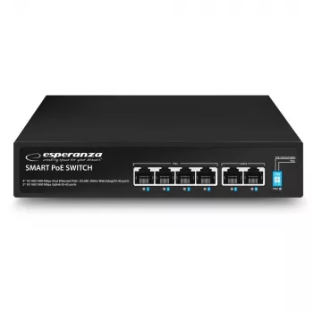 Switch Gigabit PoE+ Esperanza 6 portas 65W GOLIATH (4 portas PoE+, 2 uplinks, 12 Gbps, metal sem ventoinha)