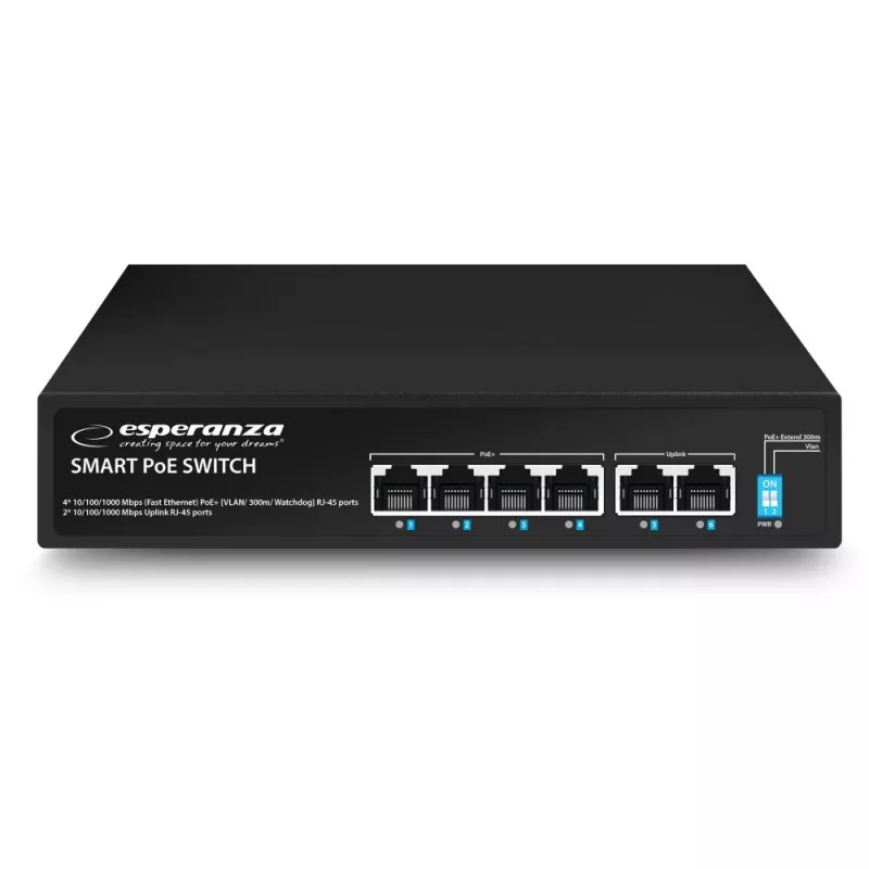 Switch Gigabit PoE+ Esperanza 6 portas 65W GOLIATH (4 portas PoE+, 2 uplinks, 12 Gbps, metal sem ventoinha)