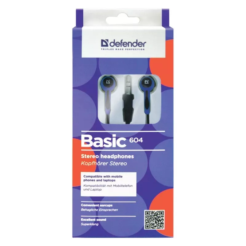 Defender EARPHONES BASIC 604 auscultadores in-ear com fio e microfone, preto-azul