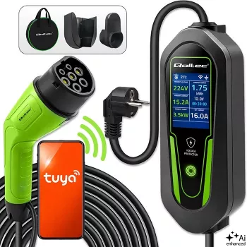 Carregador EV portátil Qoltec Type 2 para Schuko 3,5 kW 16 A cabo 5 m com Wi-Fi e LCD