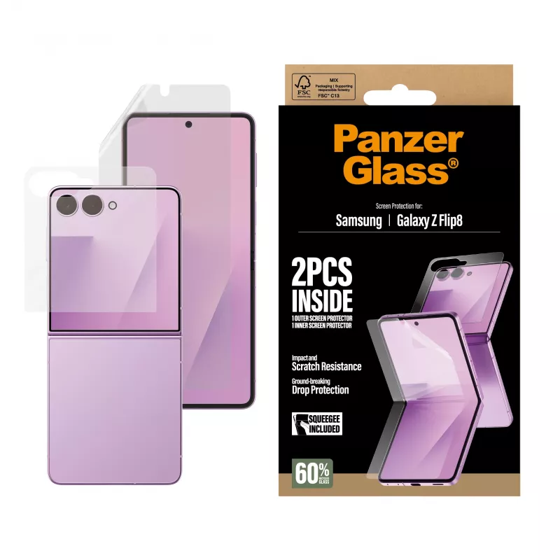 PanzerGlass PG65143 conjunto de película protetora de ecrã para Samsung Galaxy Z Flip8, vidro Cover Screen + película TPU