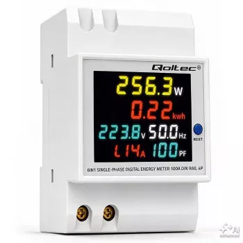 Qoltec Contador de energia monofásico 6 em 1 para calha DIN com TC de 100A, 230V, LCD, saída de impulsos