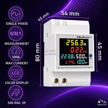 Qoltec Contador de energia monofásico 6 em 1 para calha DIN com TC de 100A, 230V, LCD, saída de impulsos