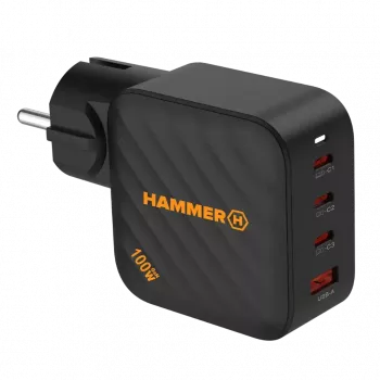 Fonte de alimentação HAMMER RapidCharge 100W GaN, 2x USB-C PD 100W + 1x USB-A QC 30W, preto