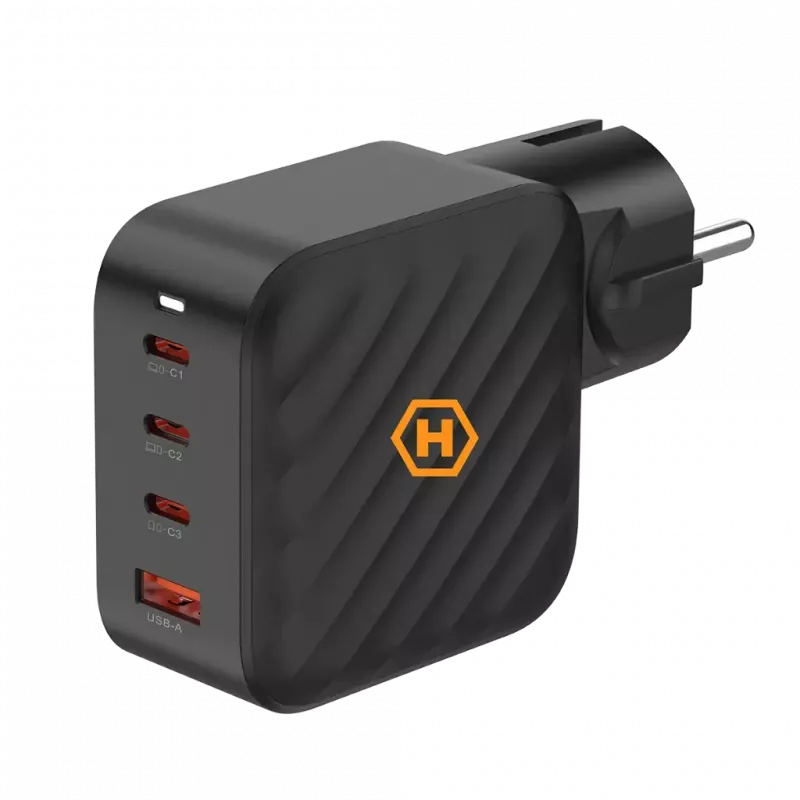 Fonte de alimentação HAMMER RapidCharge 100W GaN, 2x USB-C PD 100W + 1x USB-A QC 30W, preto