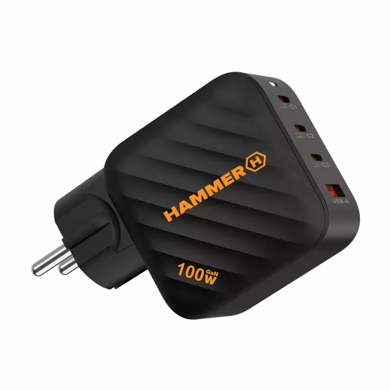 Fonte de alimentação HAMMER RapidCharge 100W GaN, 2x USB-C PD 100W + 1x USB-A QC 30W, preto