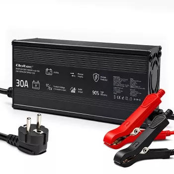 Carregador de baterias LiFePO4 Qoltec 12V 30A com indicadores LED e carregamento inteligente em 3 fases