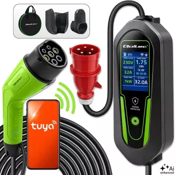 Carregador EV Qoltec Type 2 com corrente ajustável, 7 kW, 230 V, CEE 32 A, Wi-Fi, Tuya Smart Life, LCD, cabo de 5 m
