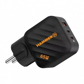 Fonte de alimentação GaN HAMMER RapidCharge 65W - 2x USB-C PD, 1x USB-A QC, preto