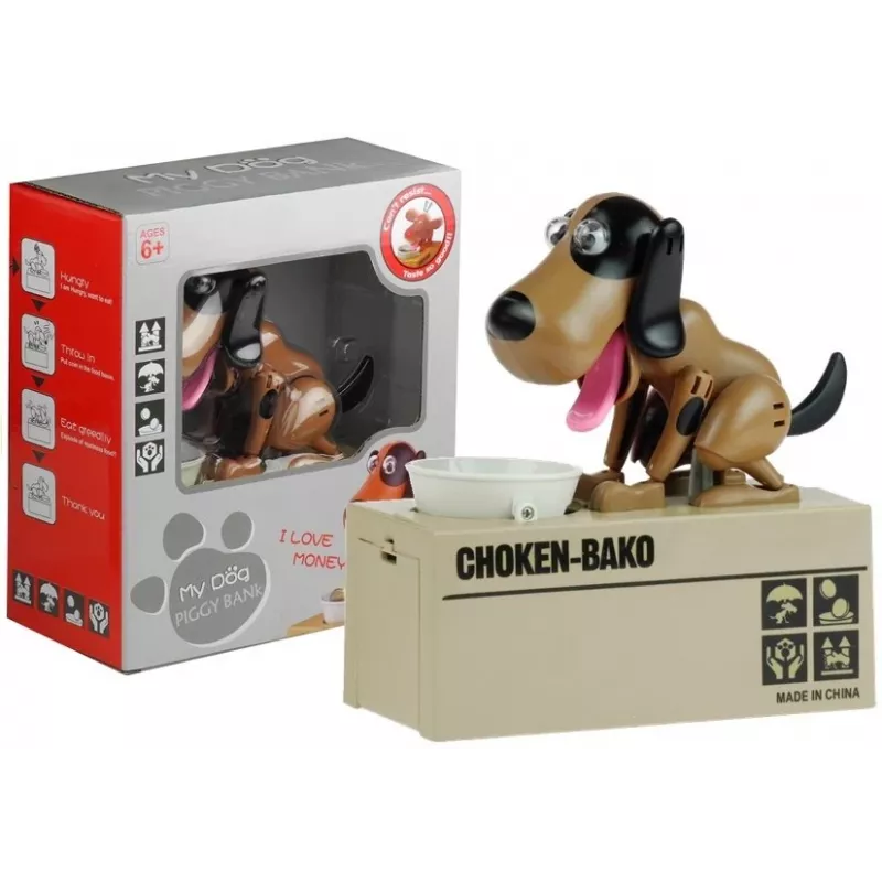 LEAN TOYS Cão mealheiro robô come moedas brinquedo cofre castanho - preto