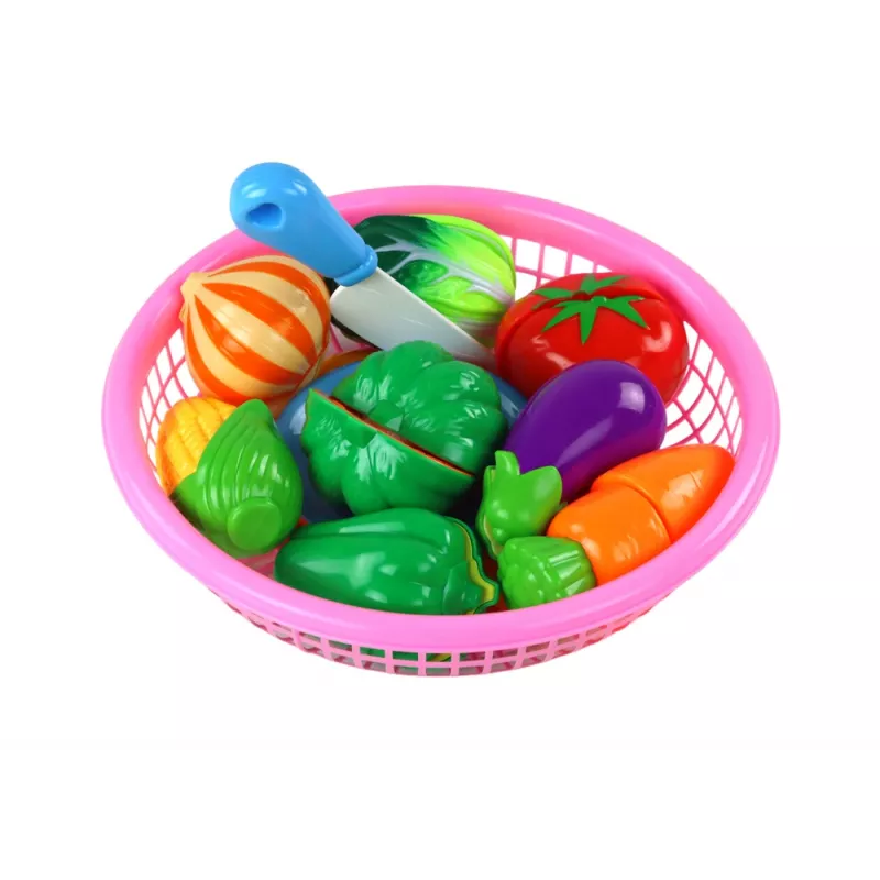 LEAN TOYS Legumes de velcro no cesto – conjunto de brinquedo de alimentos com 8 peças, prato e faca