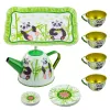 LEAN TOYS Serviço de chá de metal Panda Green 14 peças | bule de lata infantil, chávenas, pires, pratos e tabuleiro | brinquedo de cozinha de faz de conta a partir dos 3 anos