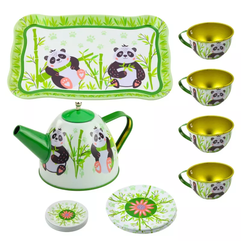 LEAN TOYS Serviço de chá de metal Panda Green 14 peças | bule de lata infantil, chávenas, pires, pratos e tabuleiro | brinquedo de cozinha de faz de conta a partir dos 3 anos