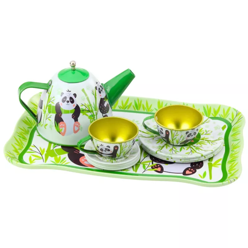 LEAN TOYS Serviço de chá de metal Panda Green 14 peças | bule de lata infantil, chávenas, pires, pratos e tabuleiro | brinquedo de cozinha de faz de conta a partir dos 3 anos