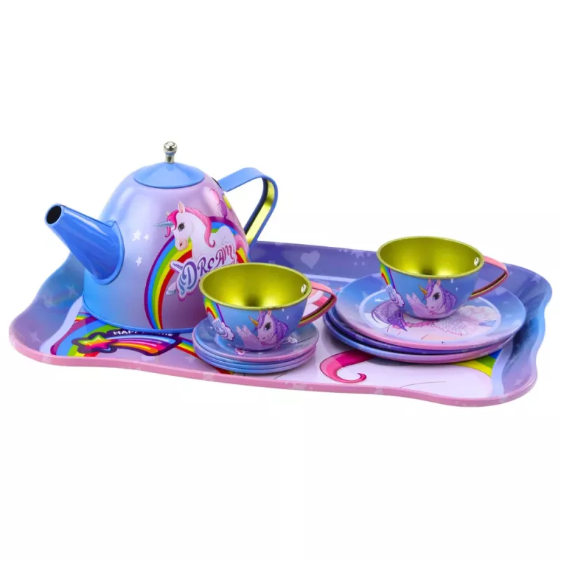 LEAN TOYS Serviço de chá de metal infantil com chávenas, bule e tabuleiro unicórnio