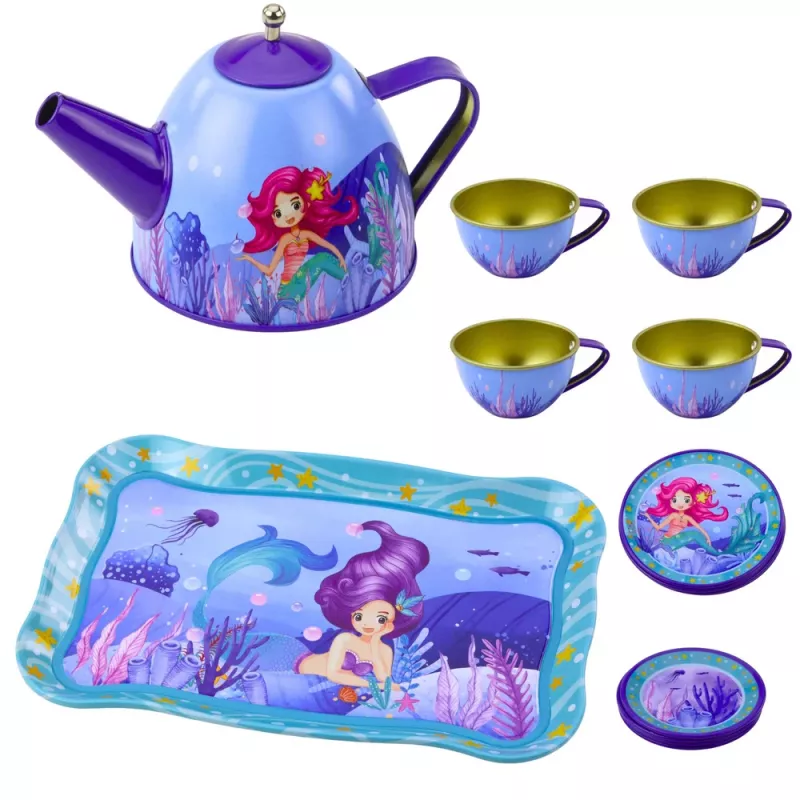 LEAN TOYS Serviço de chá de metal infantil com chávenas, bule e tabuleiro sereia