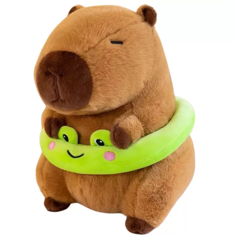 LEAN TOYS Capivara de Peluche com Boia Verde e Rã, Castanho, 20 cm