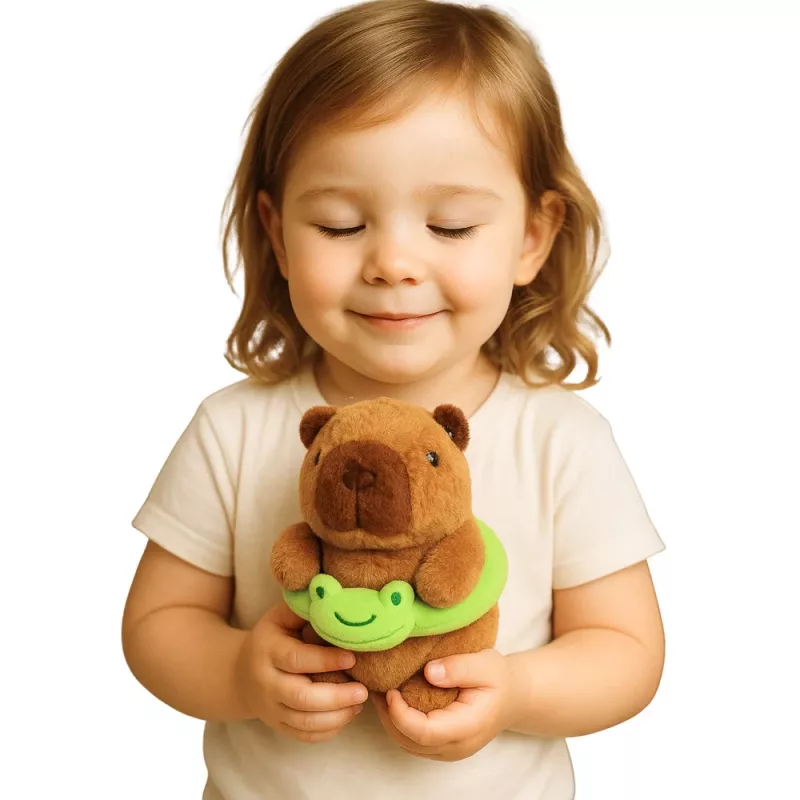 LEAN TOYS Capivara de Peluche com Boia Verde e Rã, Castanho, 20 cm
