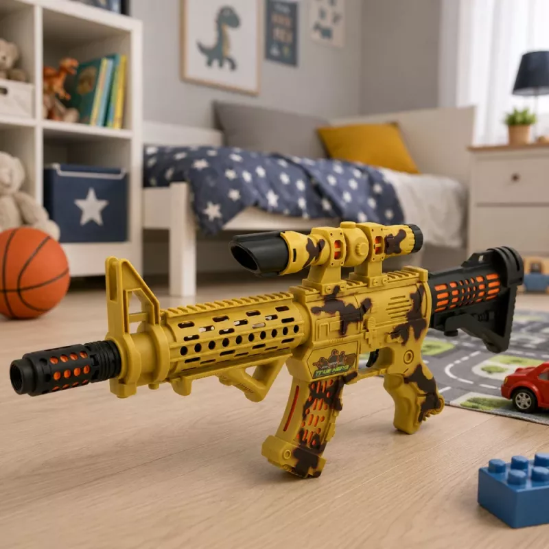LEAN TOYS espingarda de brinquedo camuflagem mira telescópica silenciador móvel luz e som 54 cm