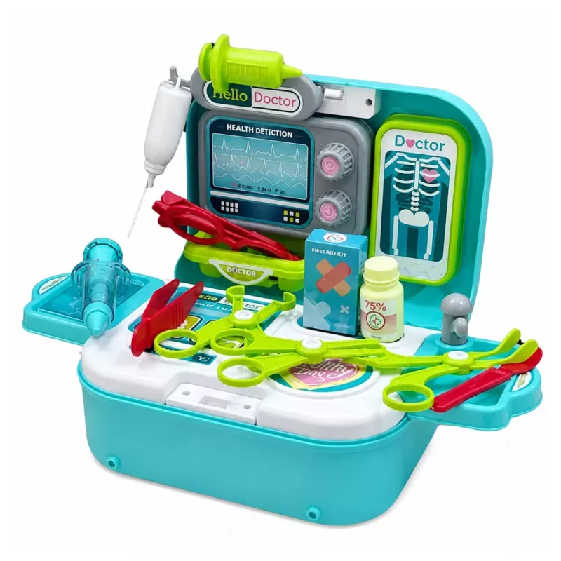 Conjunto médico 2 em 1 LEAN TOYS em mala, consultório portátil, acessórios, azul