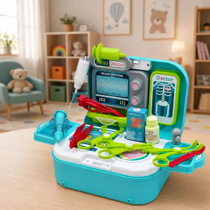 Conjunto médico 2 em 1 LEAN TOYS em mala, consultório portátil, acessórios, azul