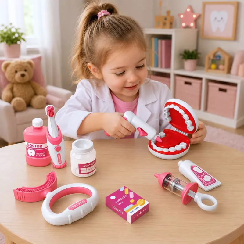 LEAN TOYS Pequeno conjunto de dentista com escova de dentes vibratória, rosa, 15 peças