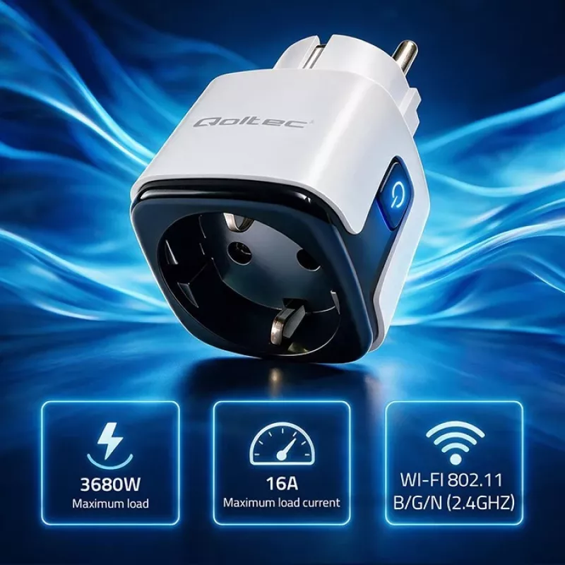 Tomada inteligente WiFi QOLTEC 16A com monitorização de energia e temporizador